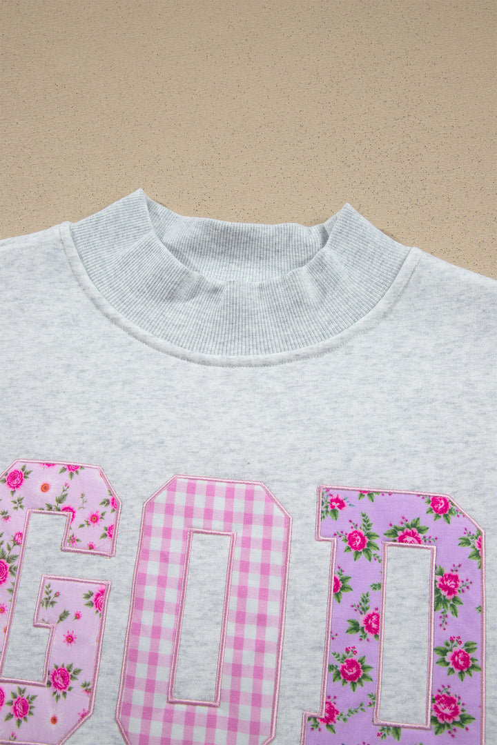 Light Grey GOD IS GOOD Appliqué Embroidery Mock Neck Pullover Sweatshirt