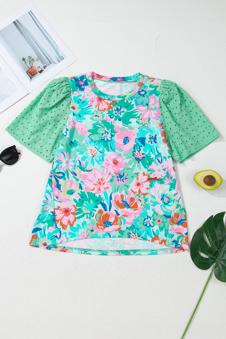 Floral Print Eyelet Embroidered Short Sleeve Crew Neck Top