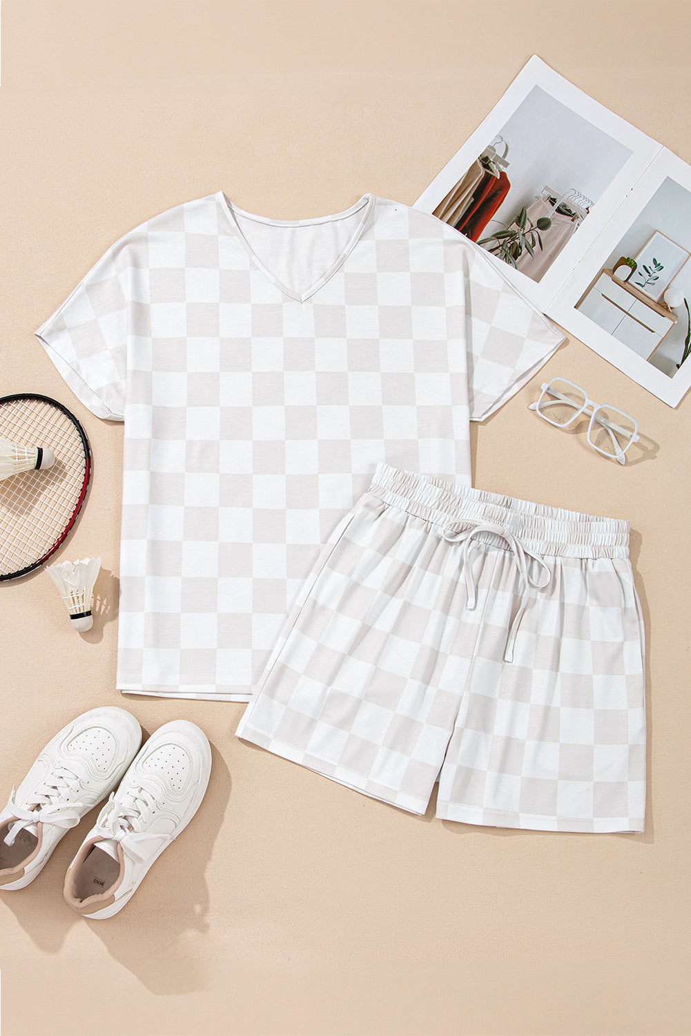 checkered v neck tee drawstring shorts lounge set 1