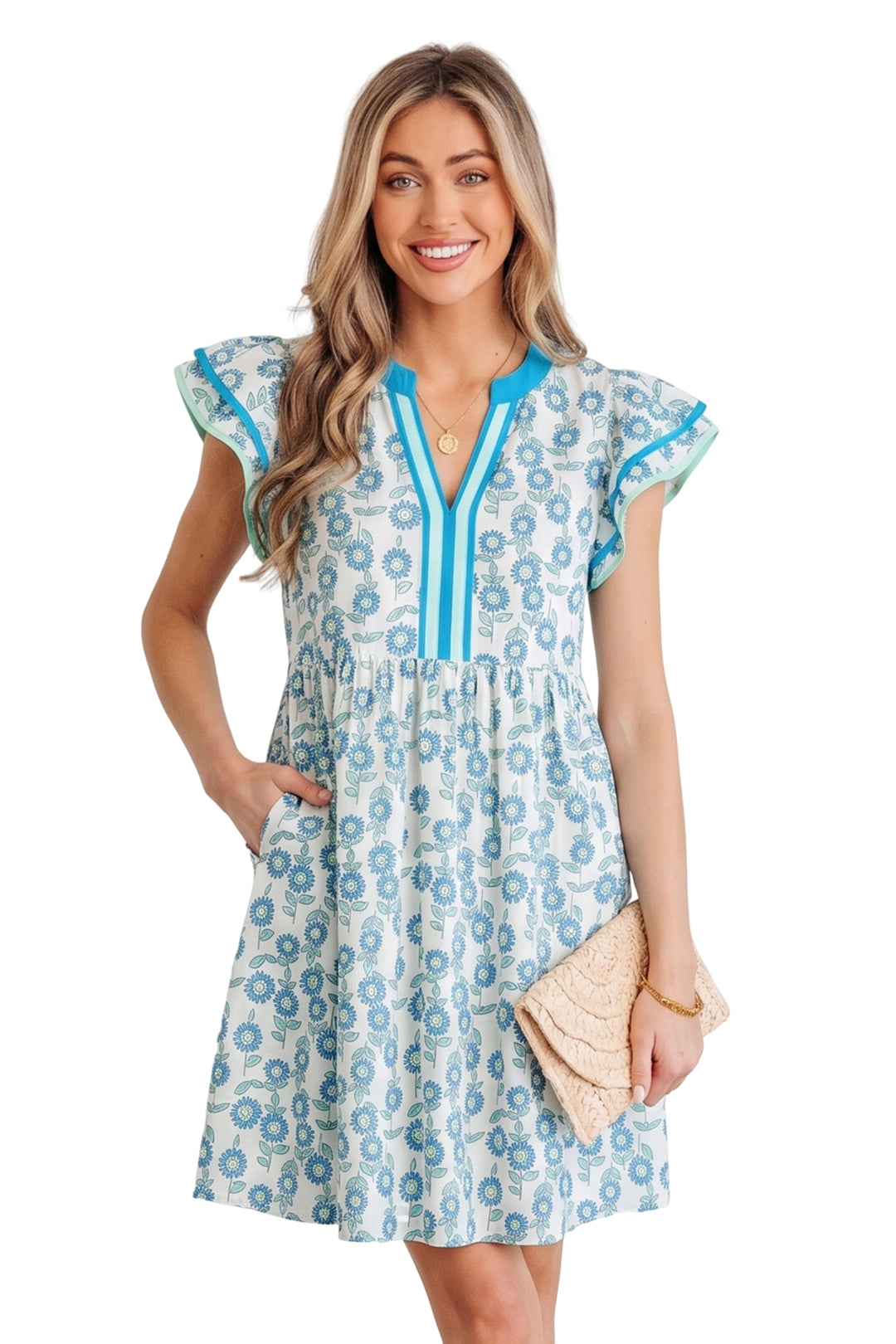 Sky Blue Floral Print Contrast Trim Flutter Sleeve Mini Dress