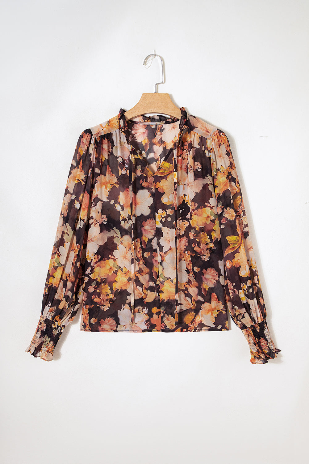 Floral V Neck Long Puff Sleeve Breezy Blouse