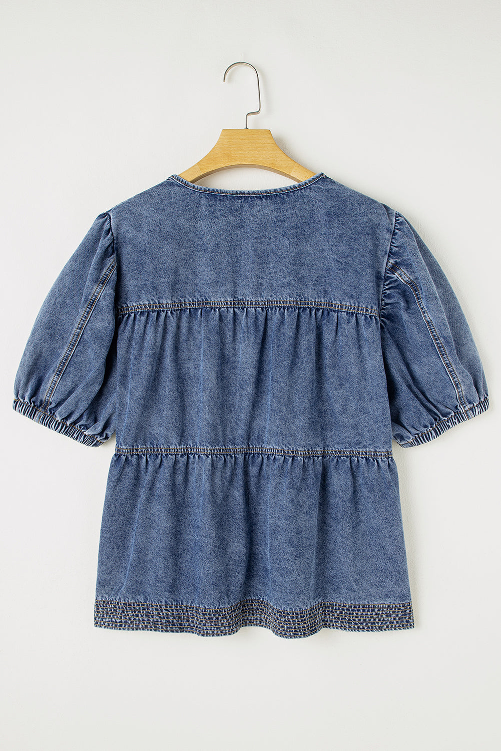 Plus Drawstring V Neck Puff Sleeve Denim Blouse
