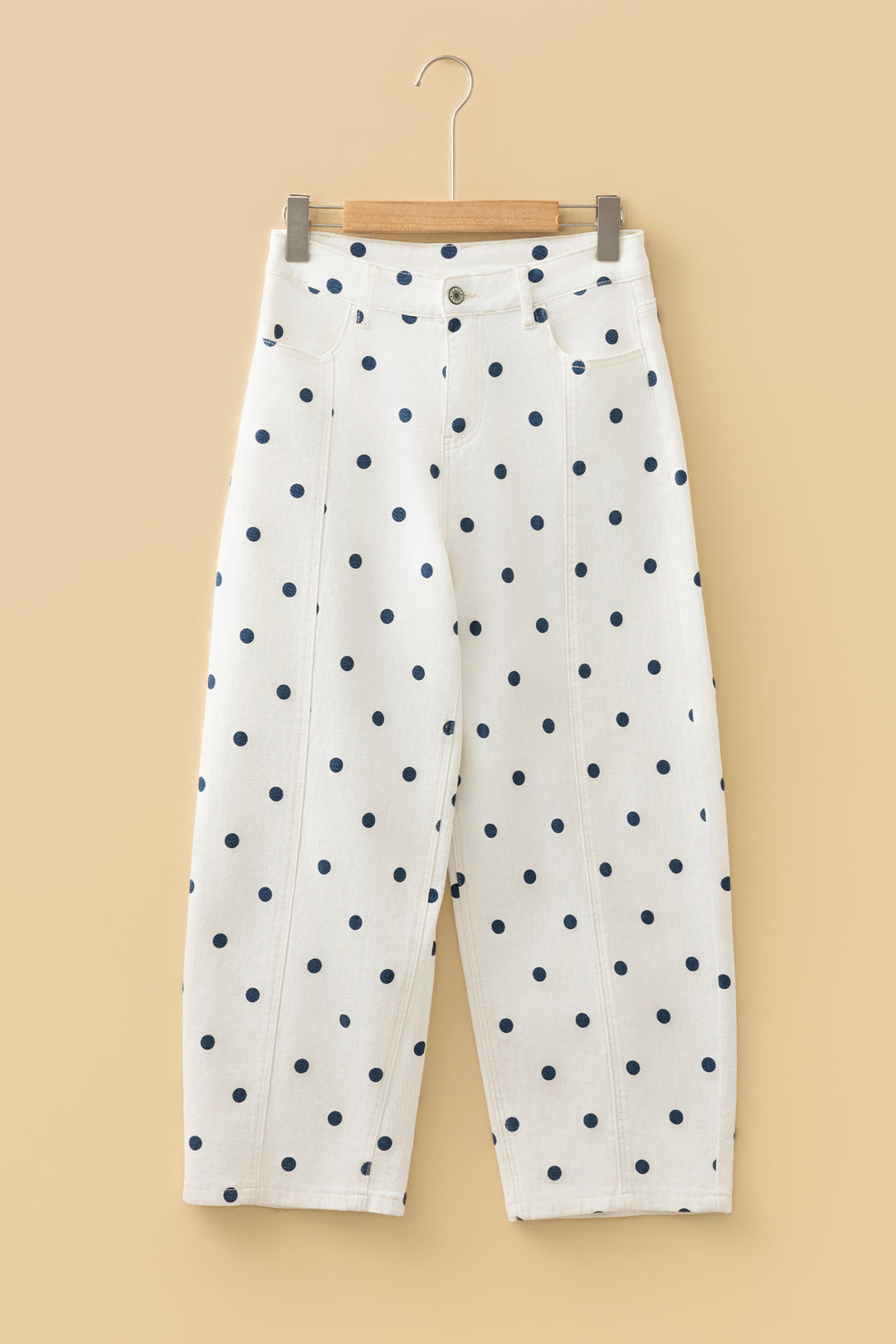 Blue Tailored Seam Polka Dot Print Barrel Casual Jeans