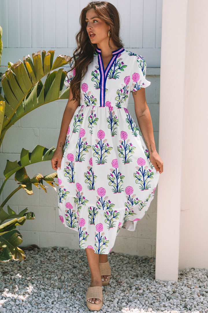 Chic White Floral Puff Short Sleeve V Neck Maxi Dress