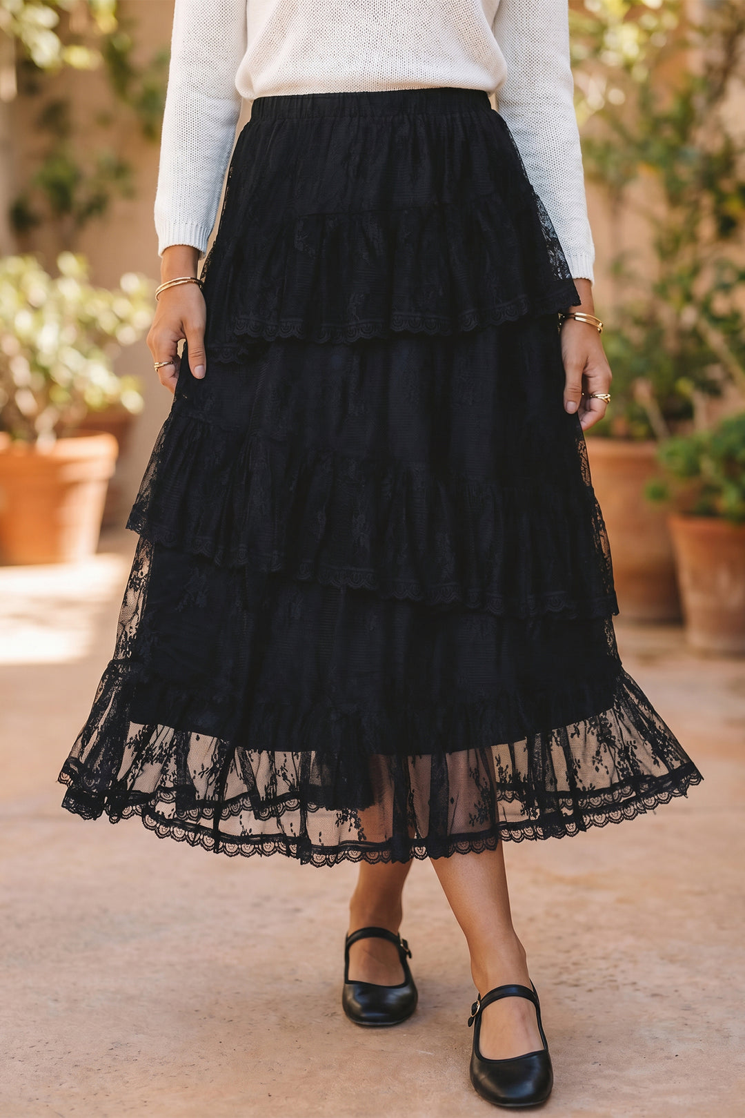 Chic Black Elegant Ruffle Lace Tiered Skirt