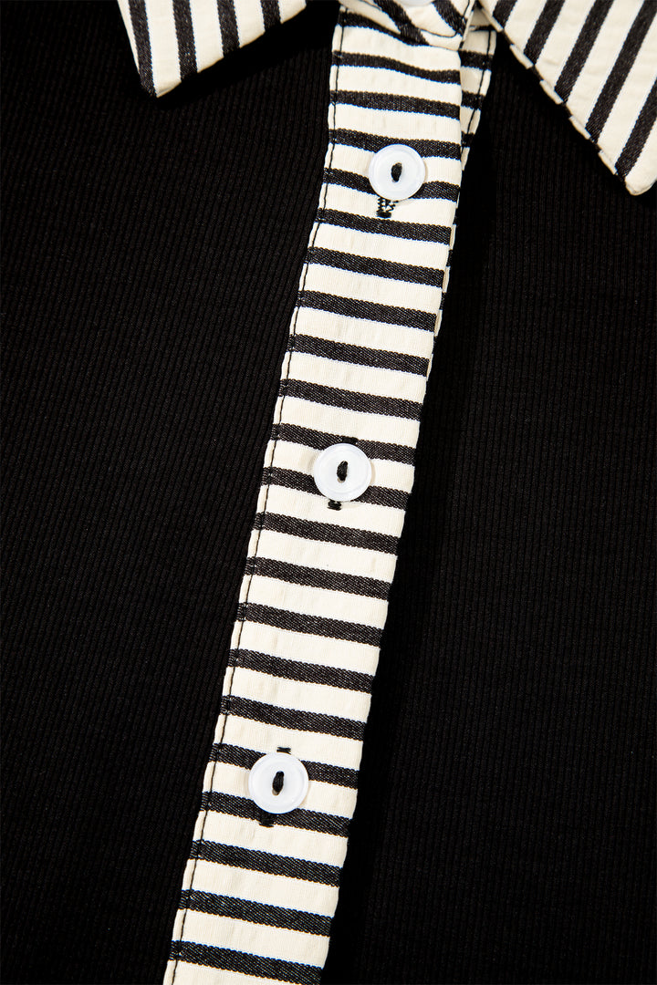 Stripe Detail Polo Collar Half Buttons Tied Short Sleeve Shift Mini Dress