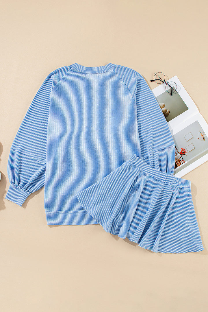 Sky Blue Corded Lantern Sleeve Top High Waist Ruffled Mini Skort Set