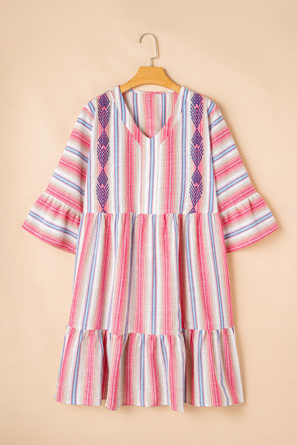 White Stripe Embroidered Detail Flared 3/4 Sleeve V Neck Plus Size Dress
