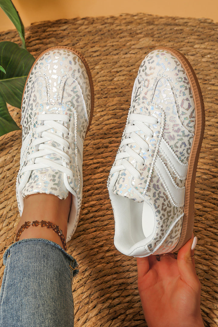 White PU Leather Detail Shimmer Leopard Printed Lace-up Sneakers