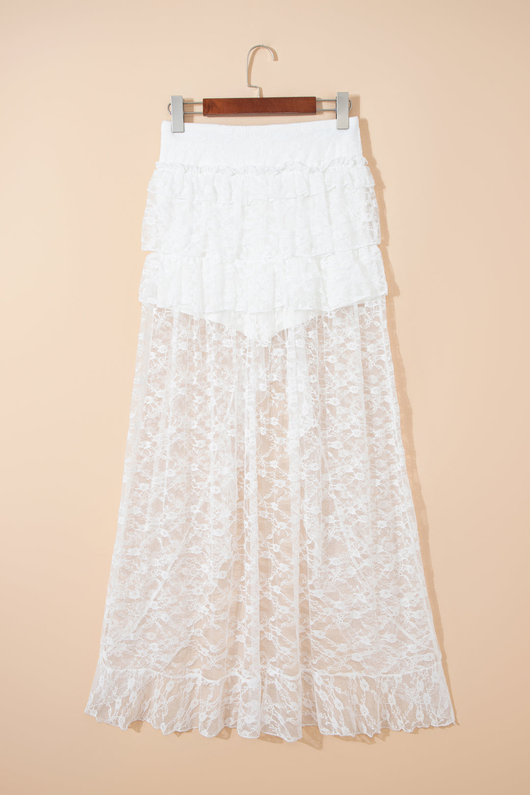 Chic White Sheer Lace Frilly Ruffles High Low Long Skirt