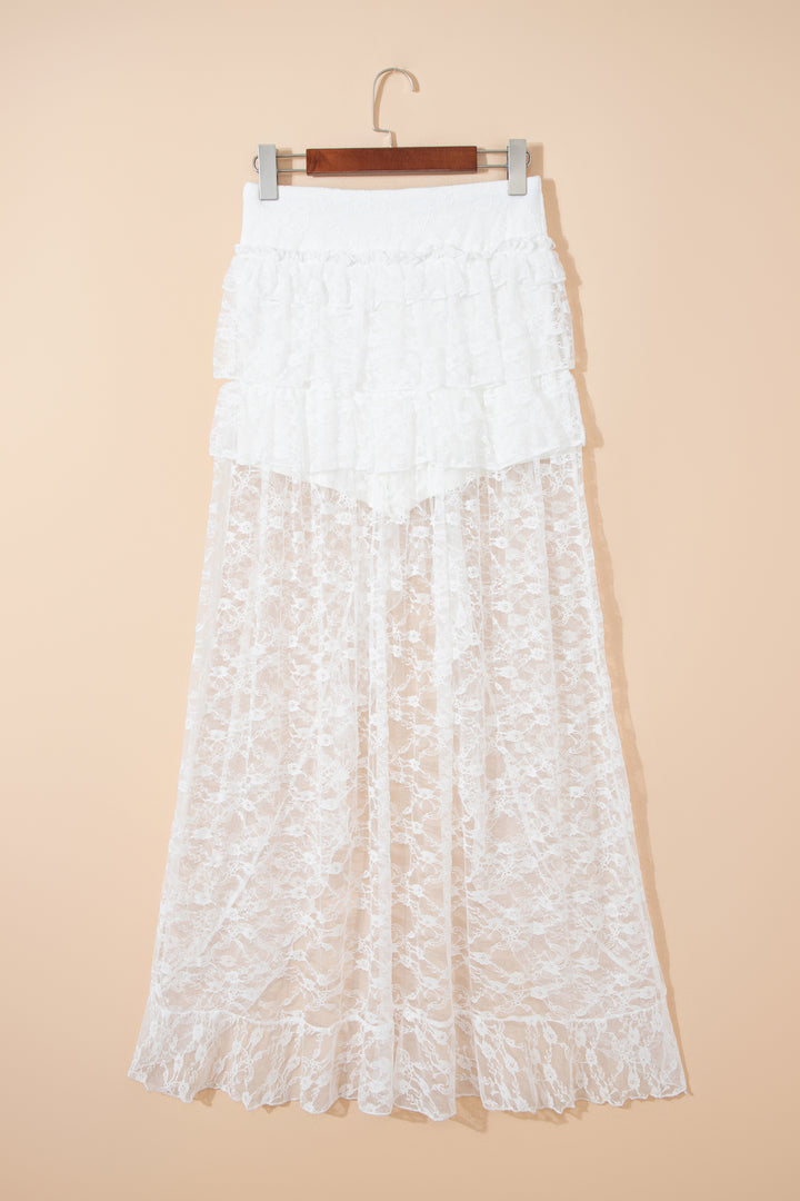 Chic White Sheer Lace Frilly Ruffles High Low Long Skirt