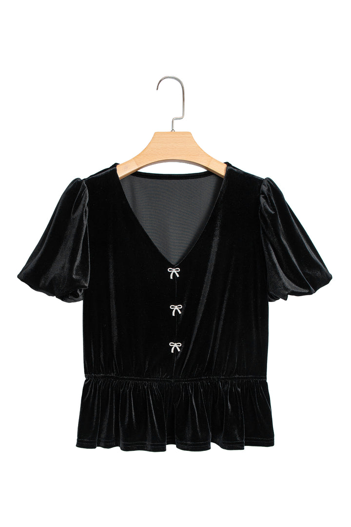 Black V Neck Bow Decoration Peplum Hem Shift Silhouette Short Sleeve Blouse