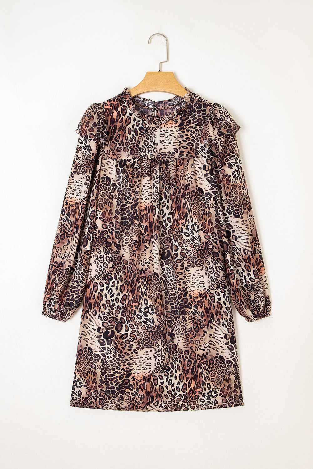 Leopard Ruffled Detail Long Sleeve Loose Mini Dress