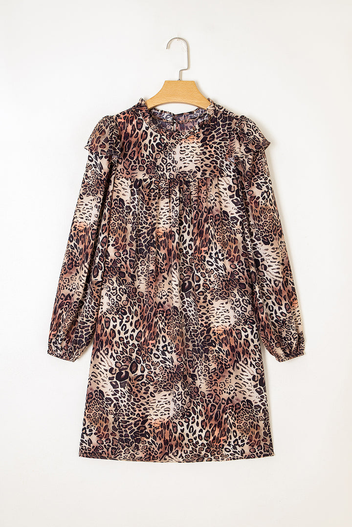 Leopard Ruffled Detail Long Sleeve Loose Mini Dress