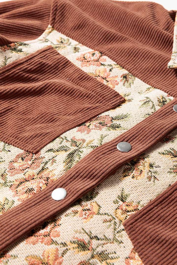 Clay Ribbed Retro Floral Patchwork Shirt Style Jacket