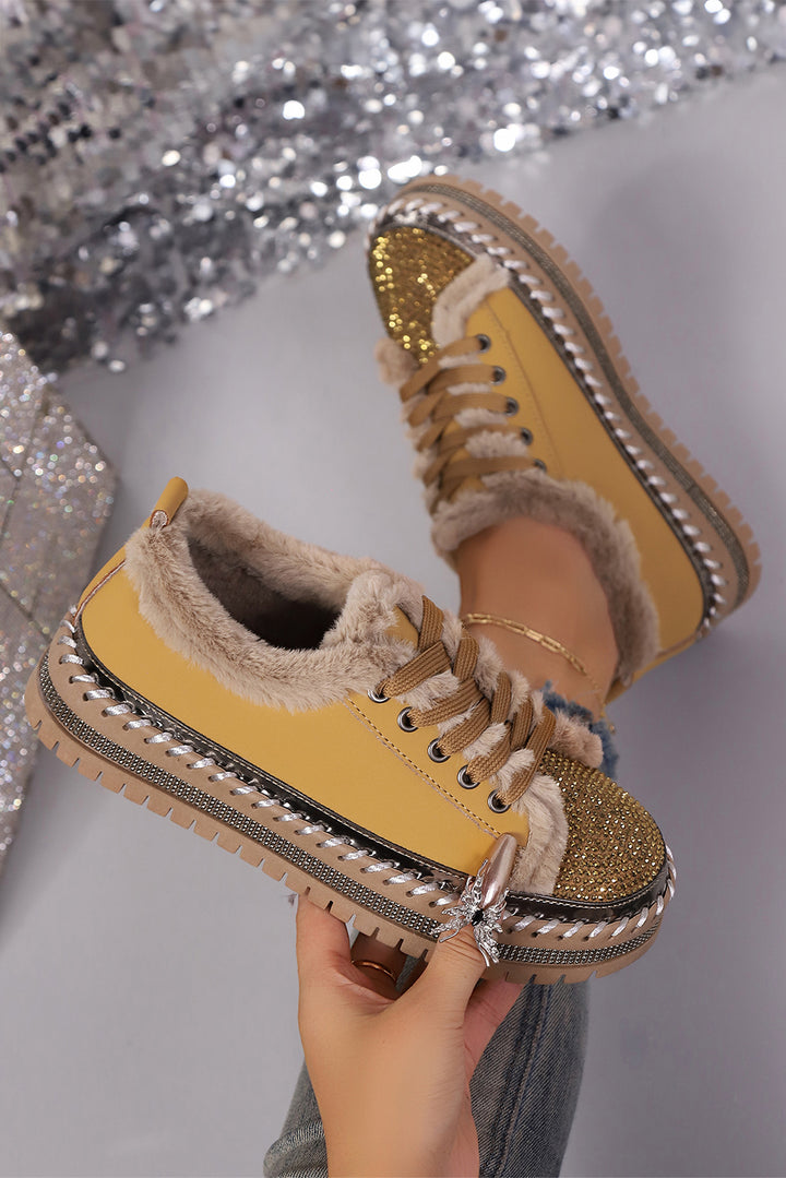 Rhinestone Embellished Faux Fur Lining Lace-Up Flat Shoes