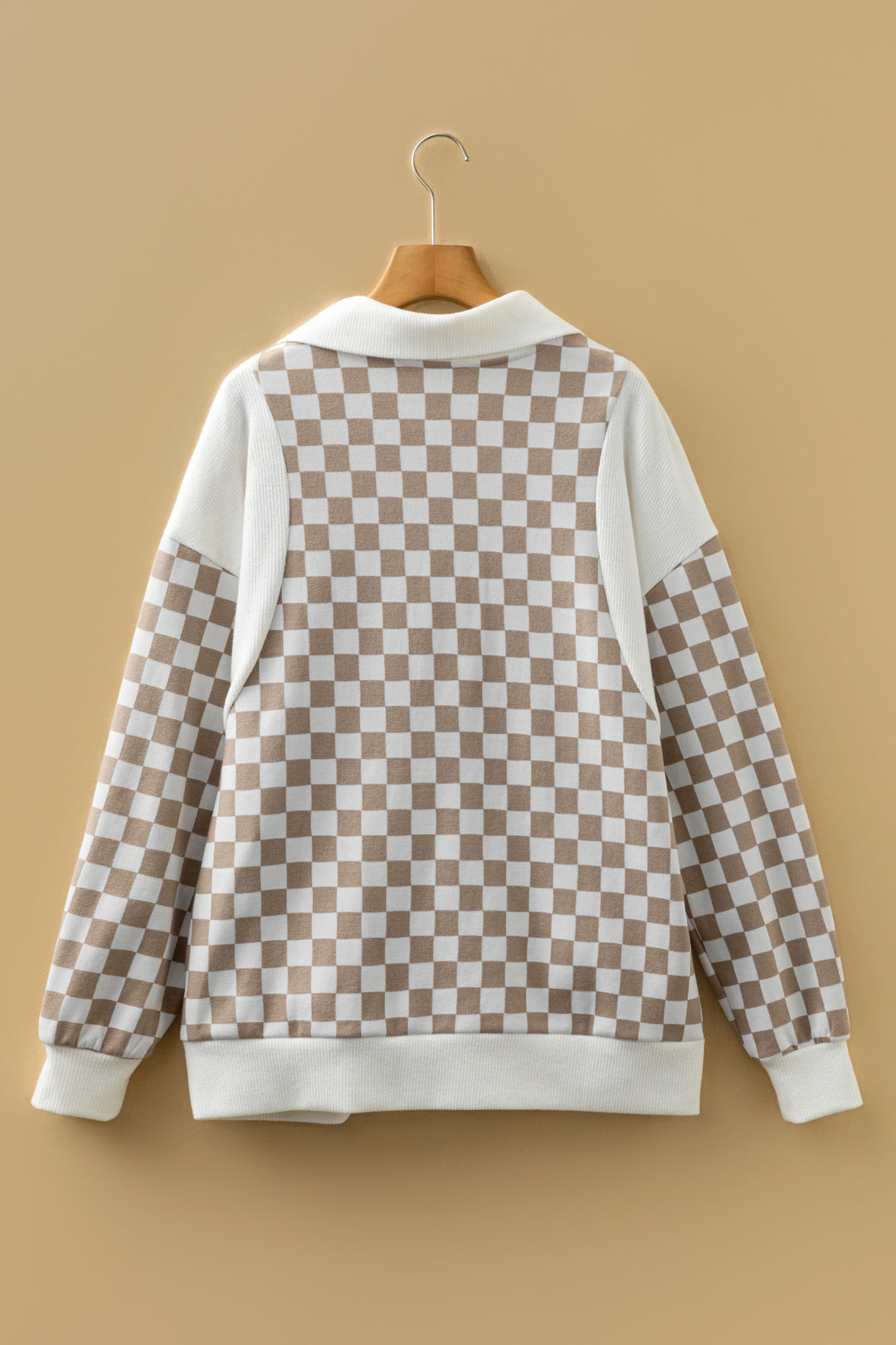 Checkered Print Quarter Zip Ribbed Patchwork Loose Sweatshirt