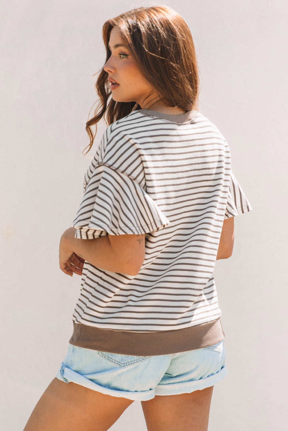 contrast detail striped ruffle short sleeve top