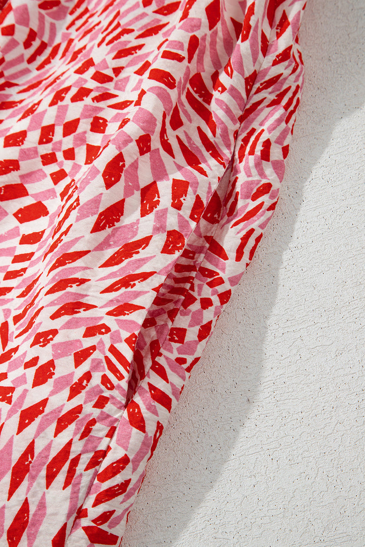 geometric print knot back sleeveless ruffle hem dress