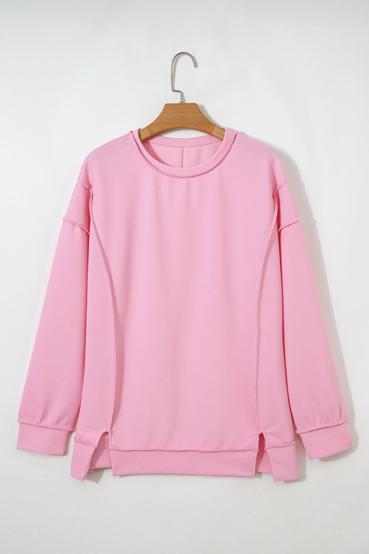 Horizontal Ribbed Exposed Seam Detail Drop Shoulder Baggy Pullover