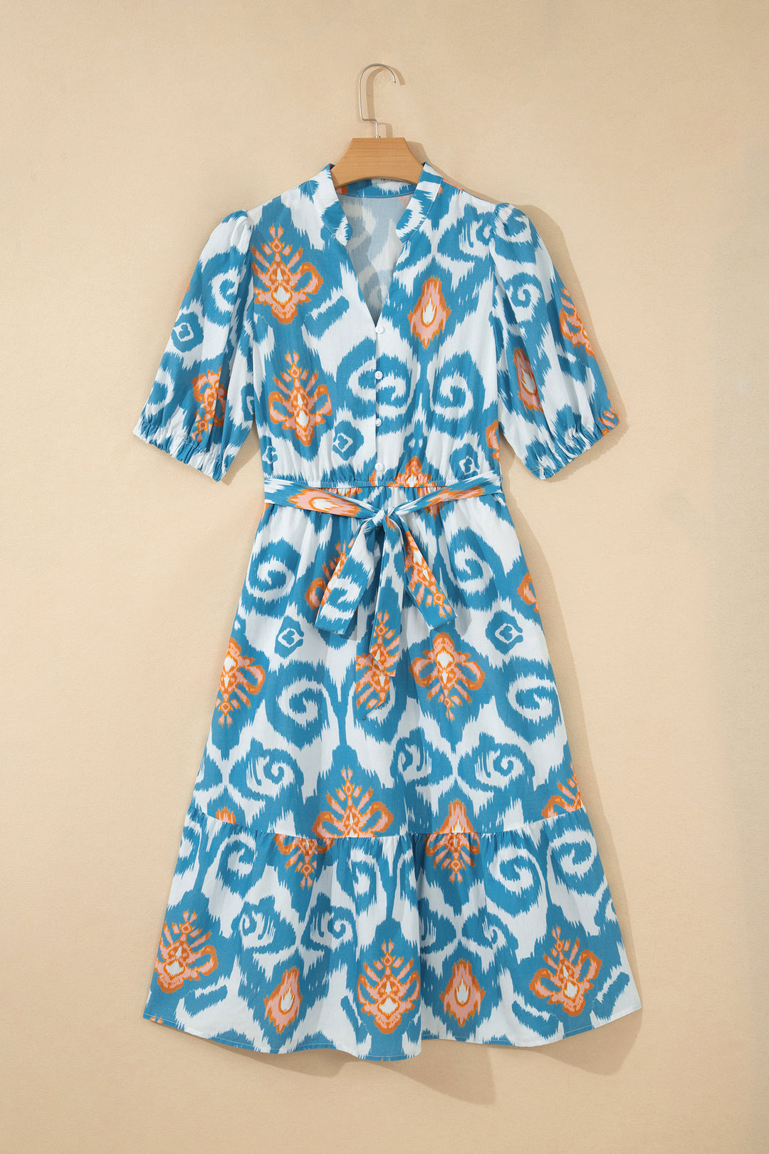 Sky Blue Boho Floral Print Short Puff Sleeve Button Down Ruffle Hem Midi Dress