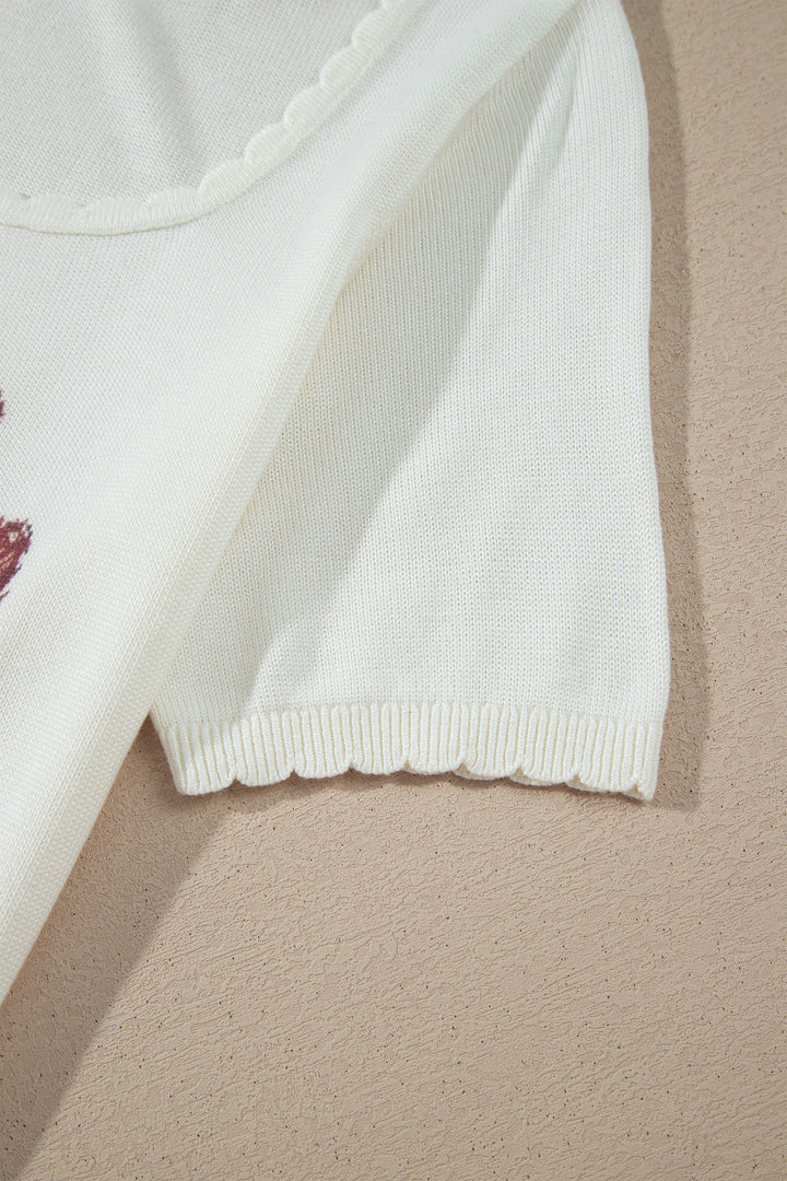 Chic White Western Floral Print Short Sleeve Square Collar Knit Sweater