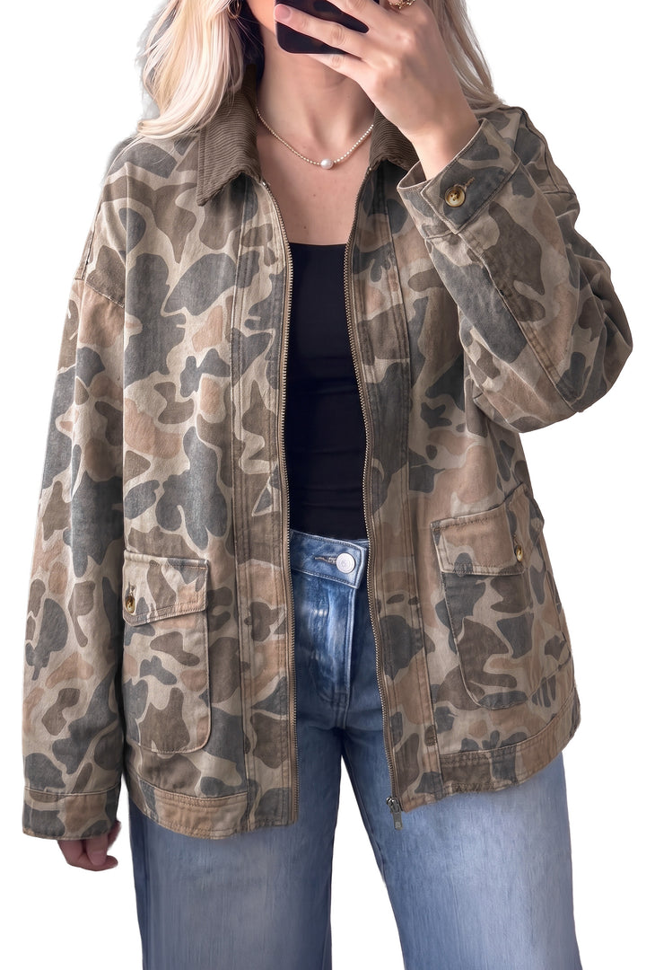 Multicolour Retro Camouflage Print Corduroy Contrast Collar Zip Denim Jacket