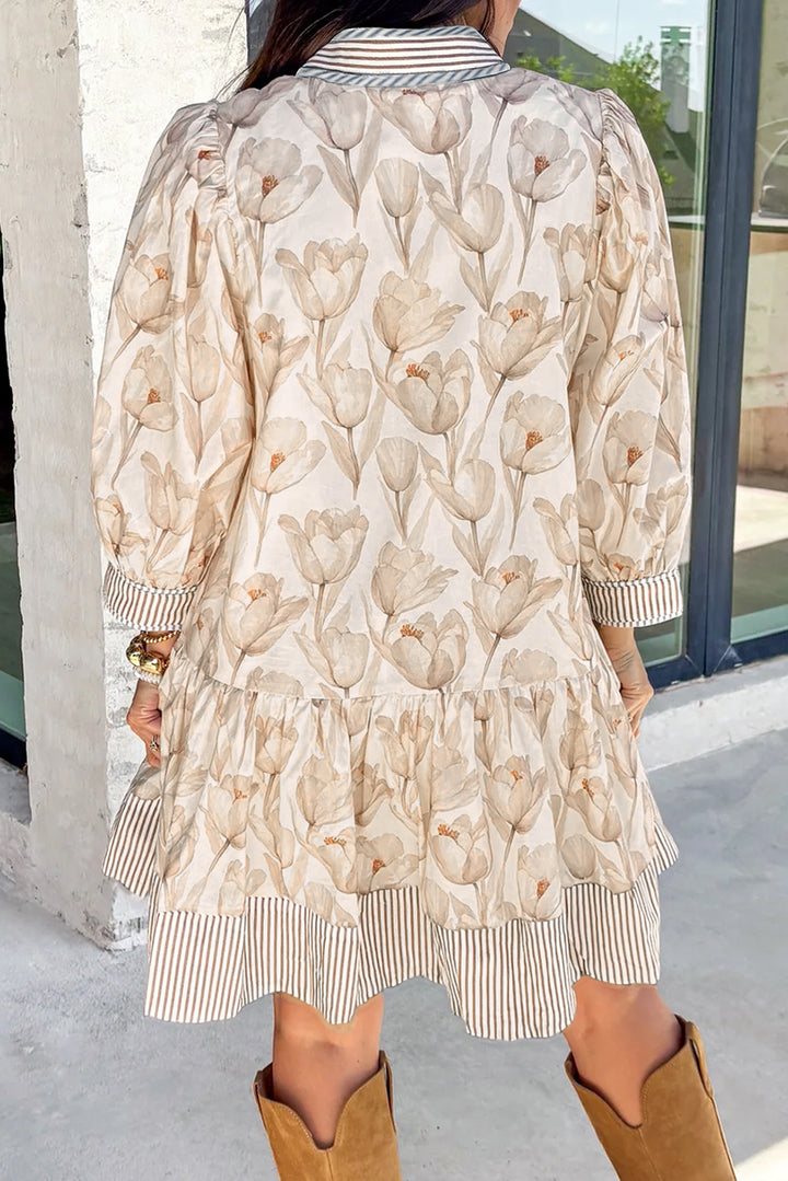 Khaki Plus Size Floral Print Striped Button Down A-line Dress
