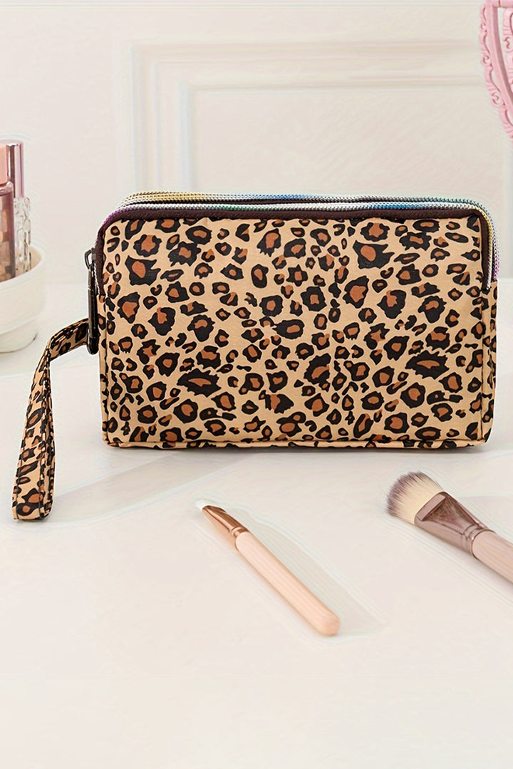 Leopard Print PU Leather Wristlet Zipper Makeup Bag