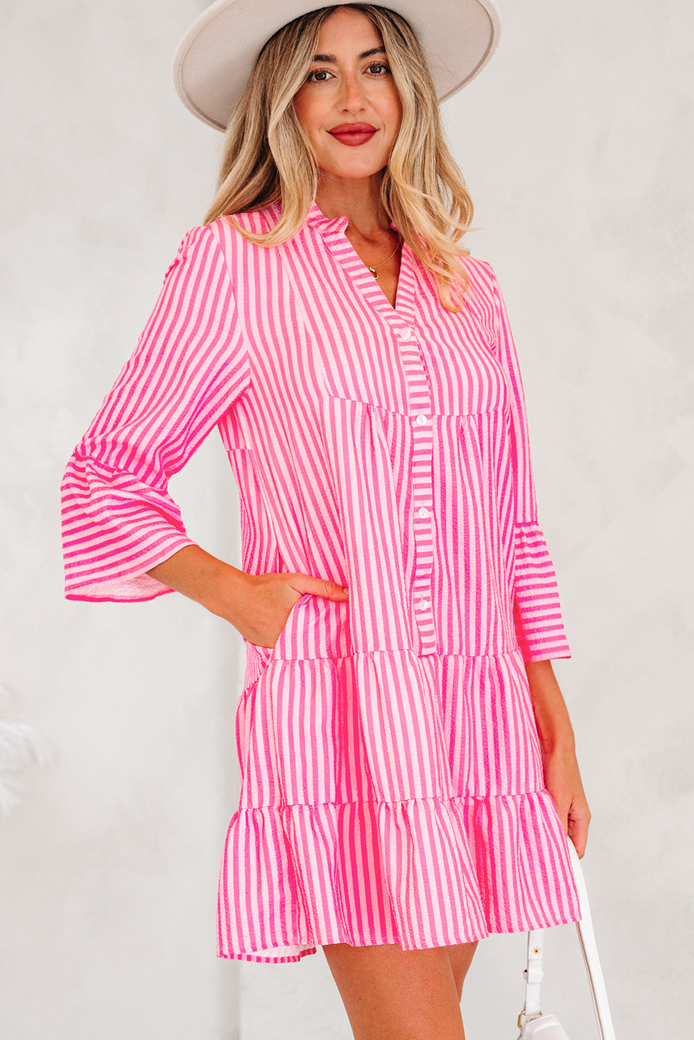 Flare Sleeve Half Placket Tiered Flowy Mini Dress