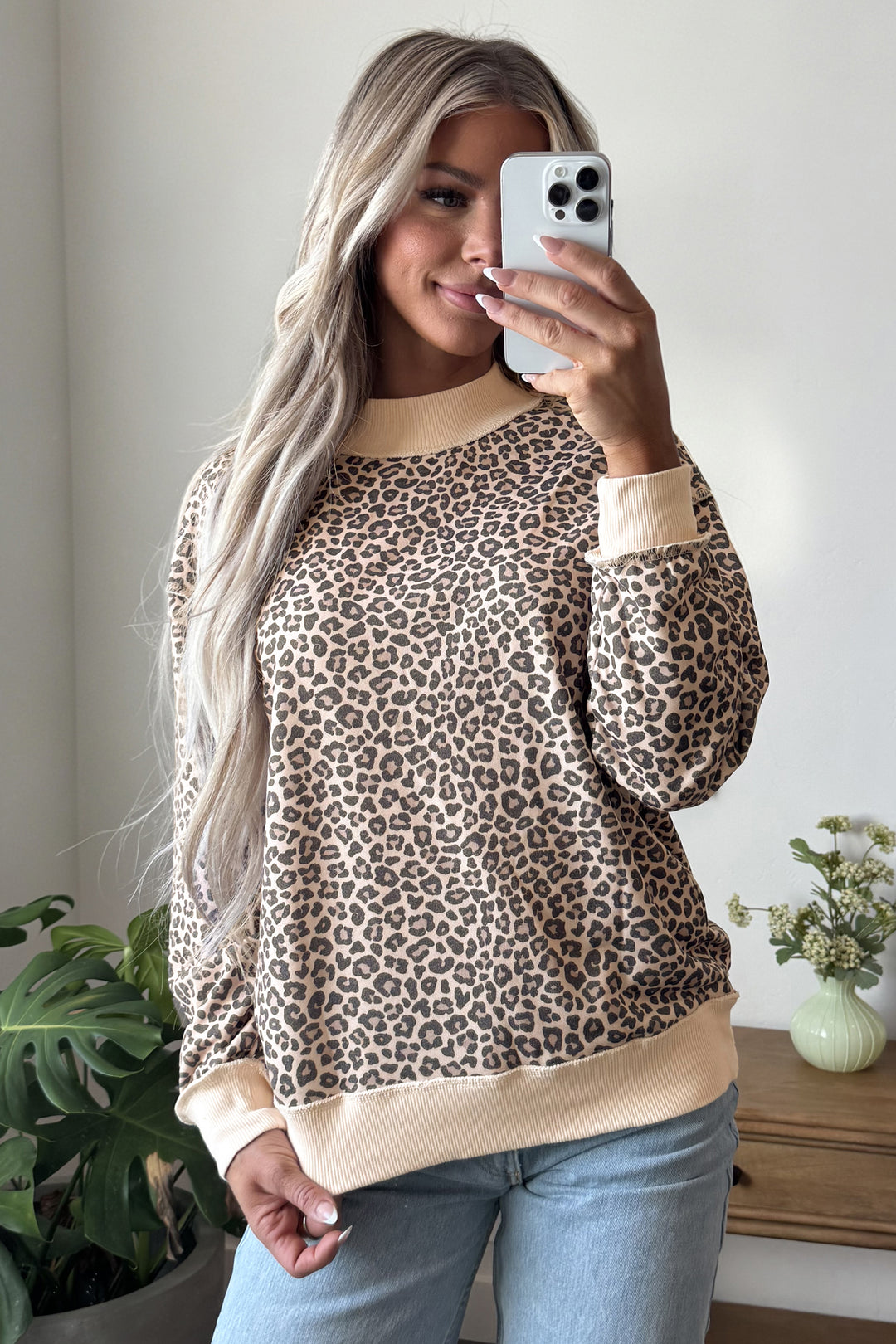 Multicolour Leopard Print High Neck Long Sleeve Ribbed Cuffs Hem Sweatshirt
