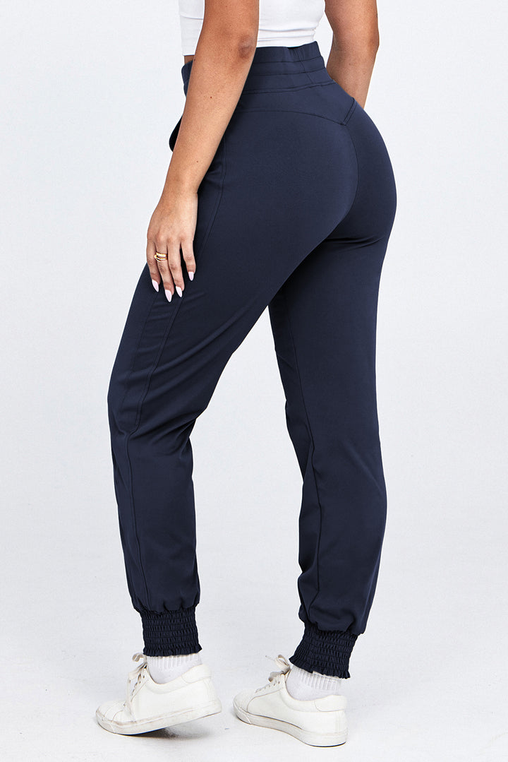 Navy Blue Drawstring Elastic Waist Smocked Jogger Pants