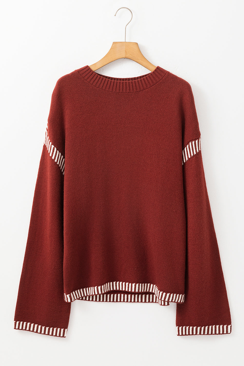 Color Contrast Trim Drop Shoulder Crew Neck Sweater