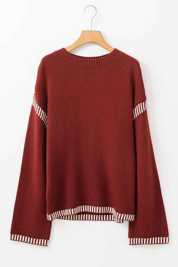 Color Contrast Trim Drop Shoulder Crew Neck Sweater