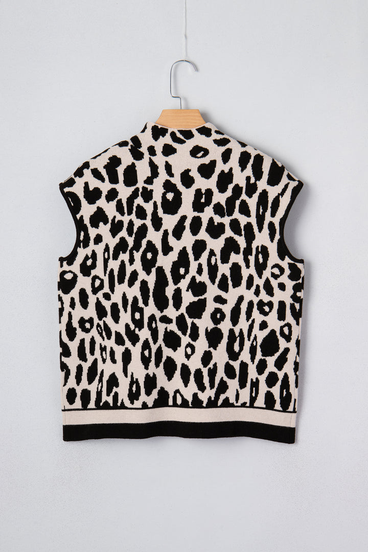 Leopard Print High Neck Short Sleeve Sweater
