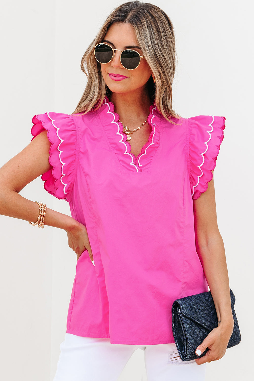 contrast scallop trim layered short sleeve v neck blouse