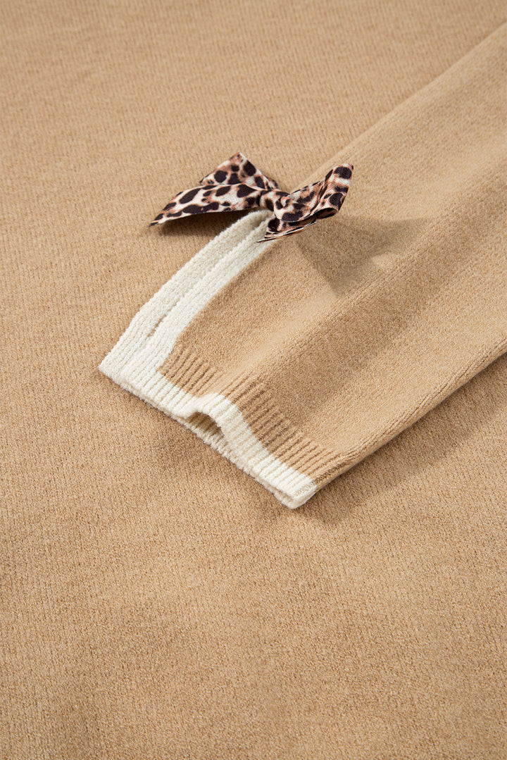 Leopard Bow Decor Split Cuff Contrast Trim Sweater