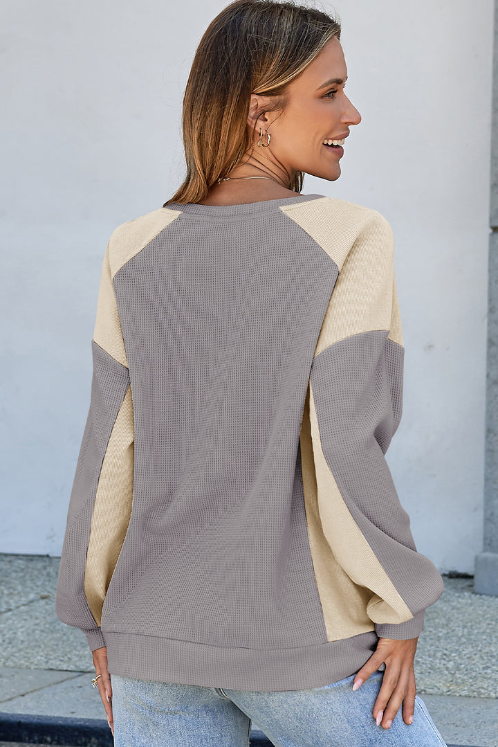 Color Block Waffle High Low Raglan Sleeve Sweatshirt