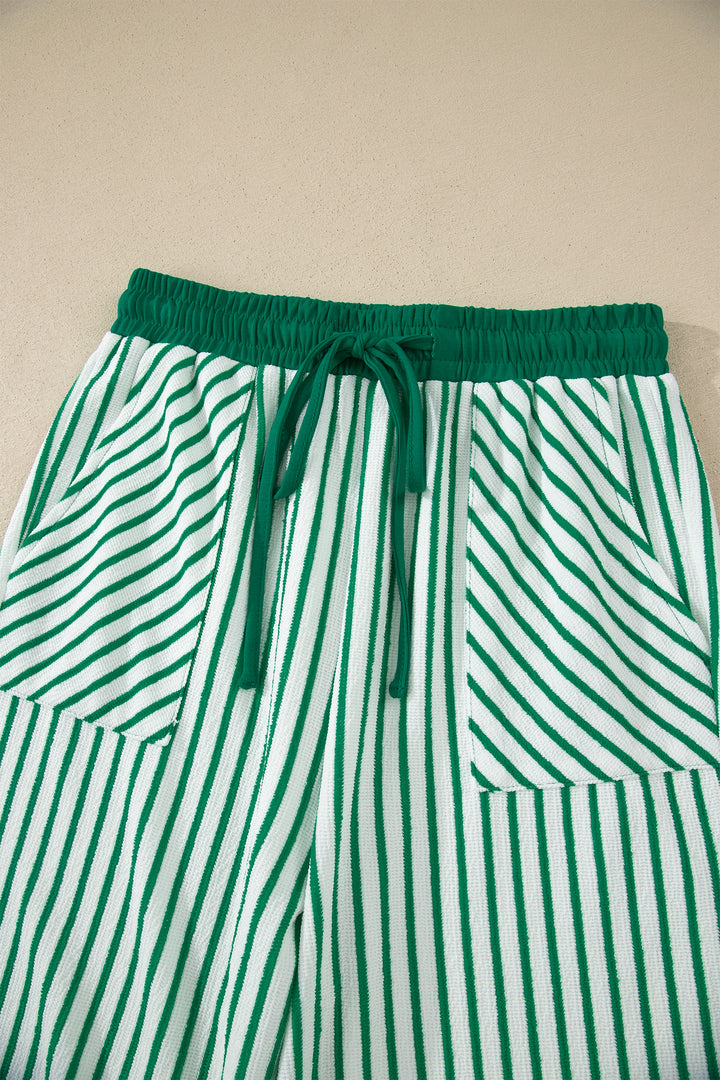 Green Stripe Crew Neck Tee Drawstring Waist Cropped Pants Set