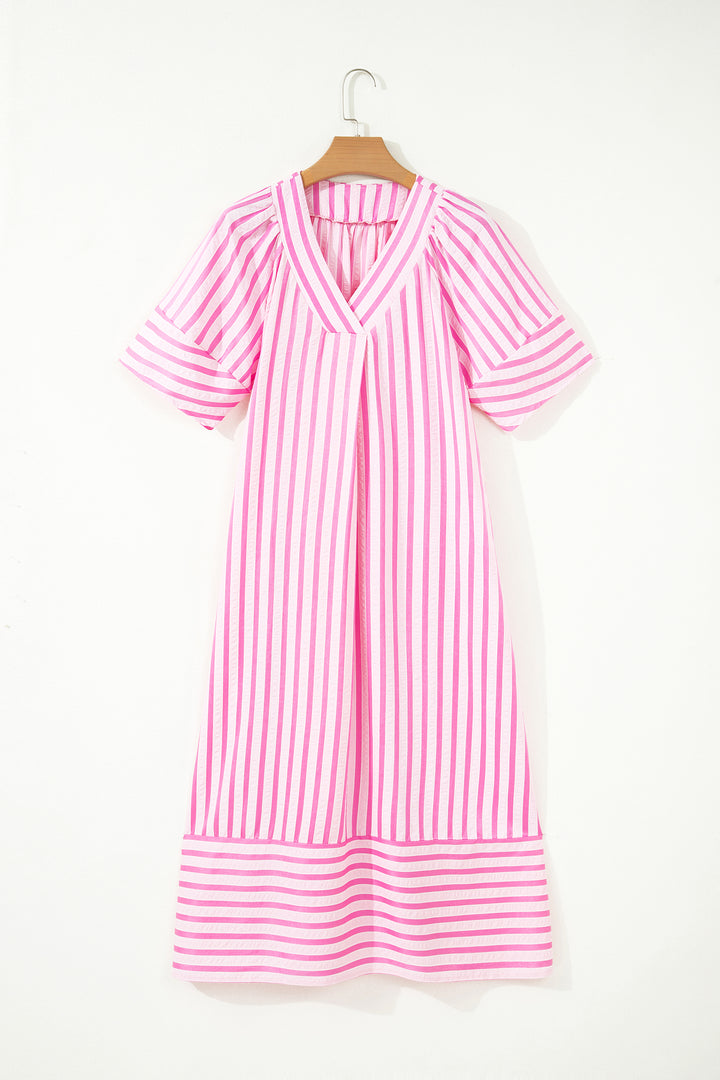 Pink Stripe V Neck Short Sleeve Shift Long Dress