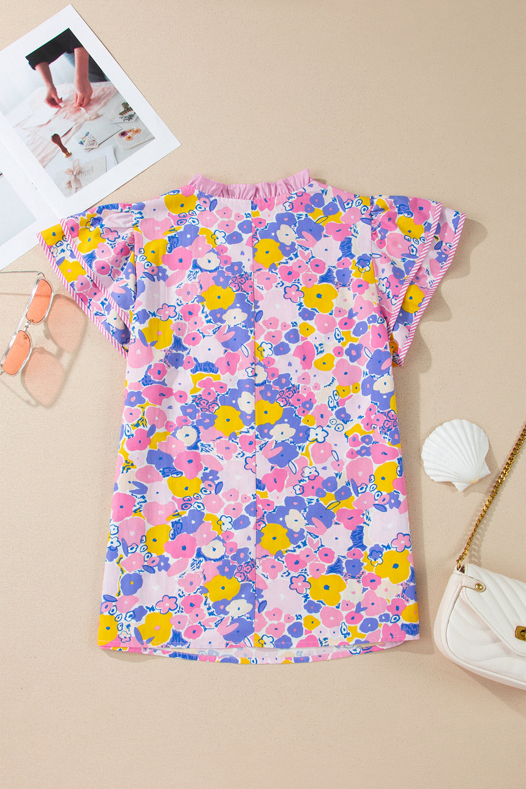 Pink Playful Floral Print Striped Color Block Patchwork V Neck Flutter Sleeve Blouse