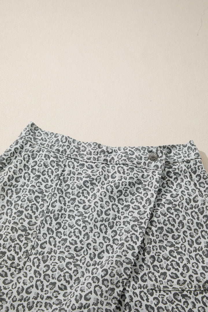 Gray Leopard Print Wrap Front Denim Shorts