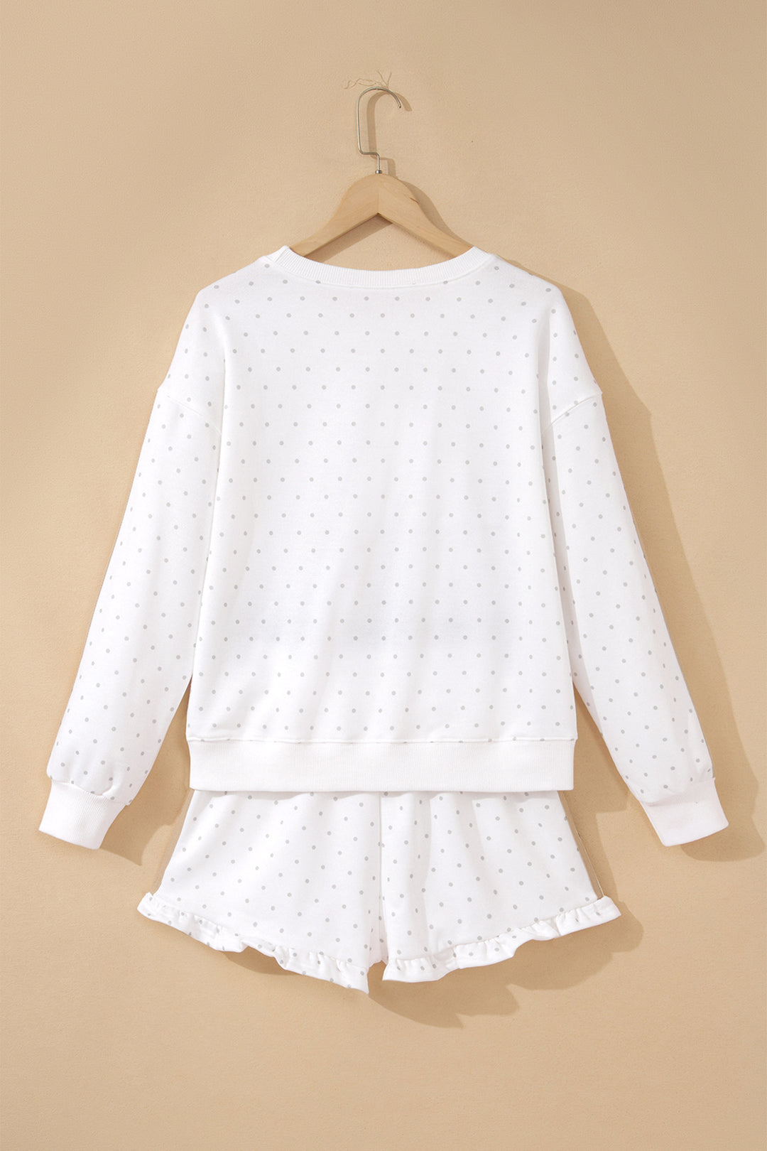 White Polka Dot Print Side Stripe Casual Sweatshirt 2pcs Short Set