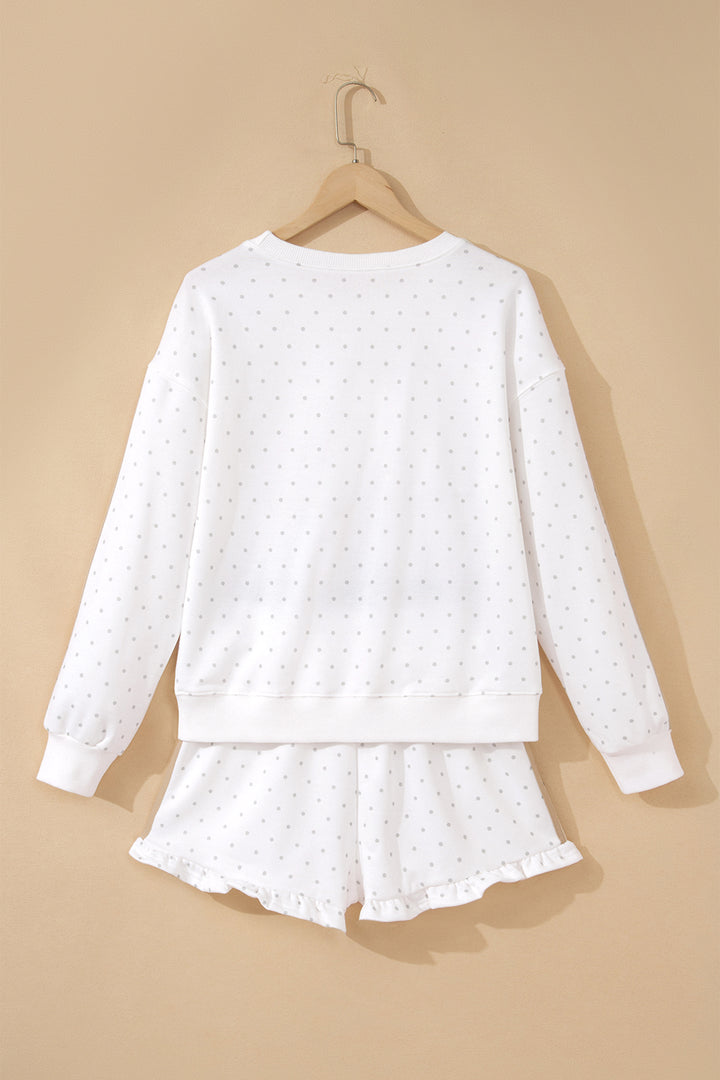White Polka Dot Print Side Stripe Casual Sweatshirt 2pcs Short Set