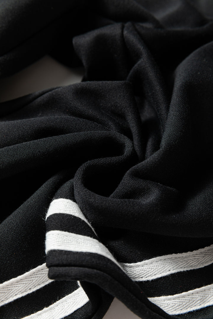 Black Varsity Striped Detail Crewneck Pullover Elastic Sweatpants 2pcs Outfit