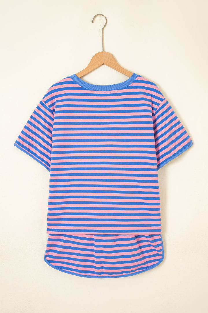 Blue Stripe Relaxed Short Sleeve Top Elastic Waist Skort 2pcs Set