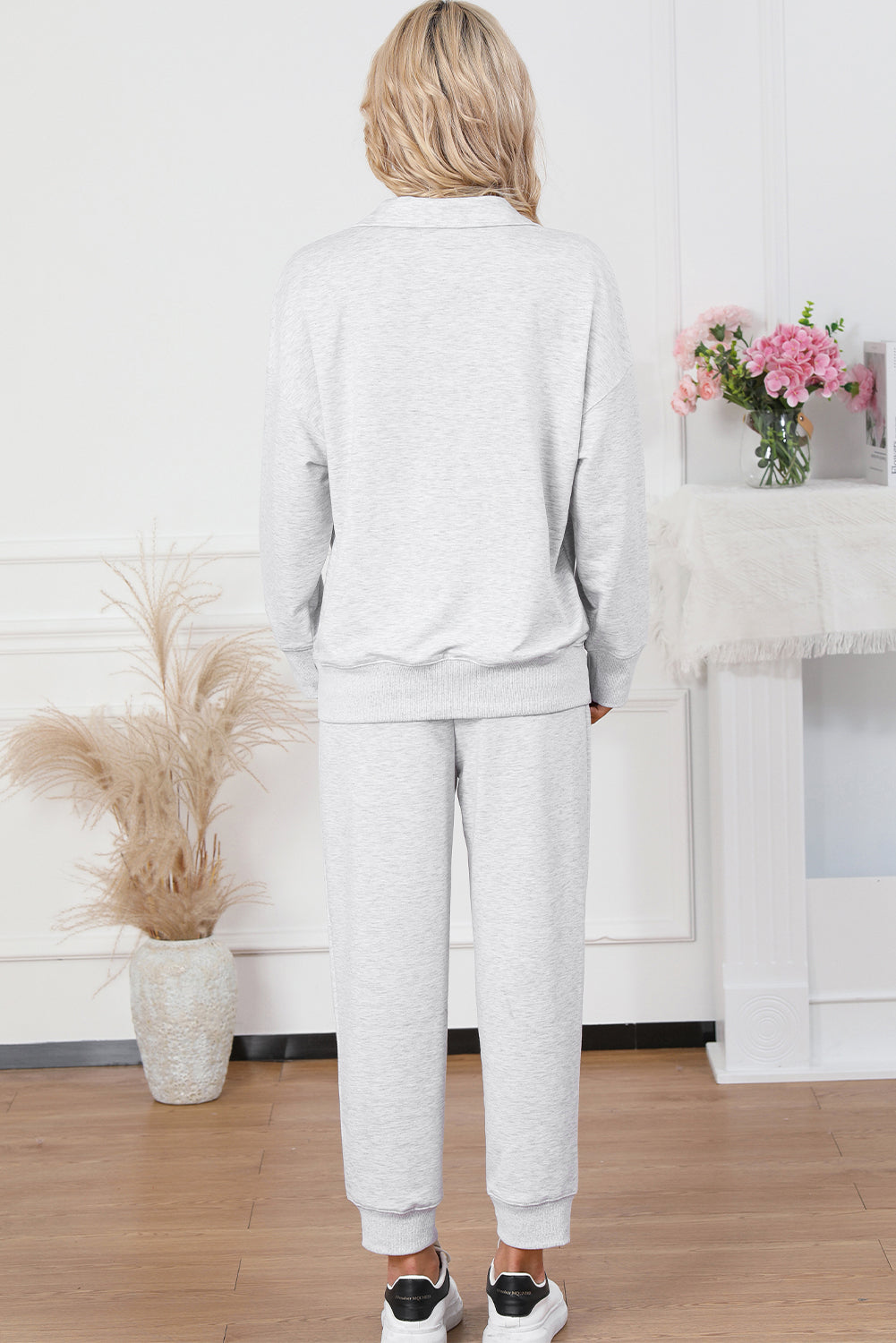 Solid Half Zipped Drawstring High Waist Lounge Set