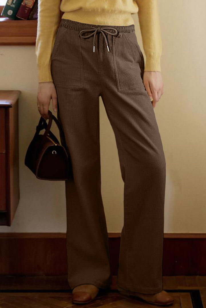 Coffee Tie Elastic Waist Soft Corduroy Pants