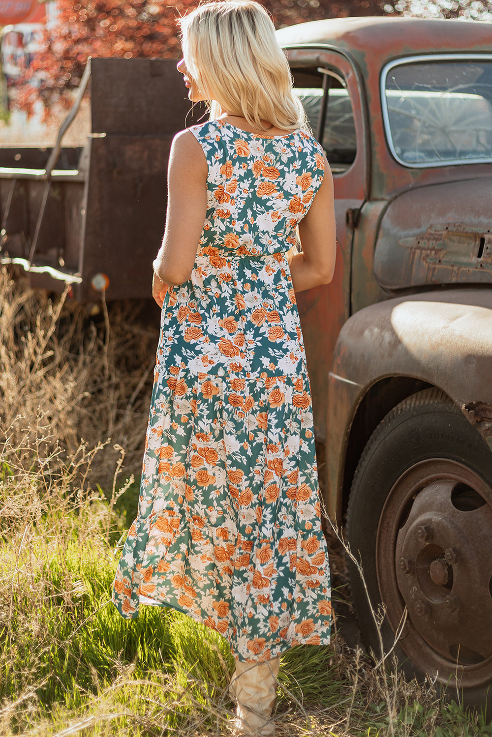 floral print trimmed v neck tie waist sleeveless holiday long dress