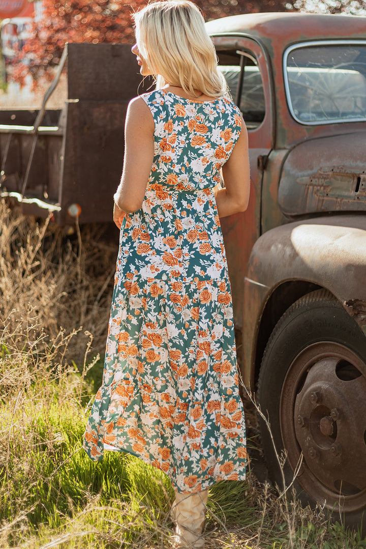 floral print trimmed v neck tie waist sleeveless holiday long dress